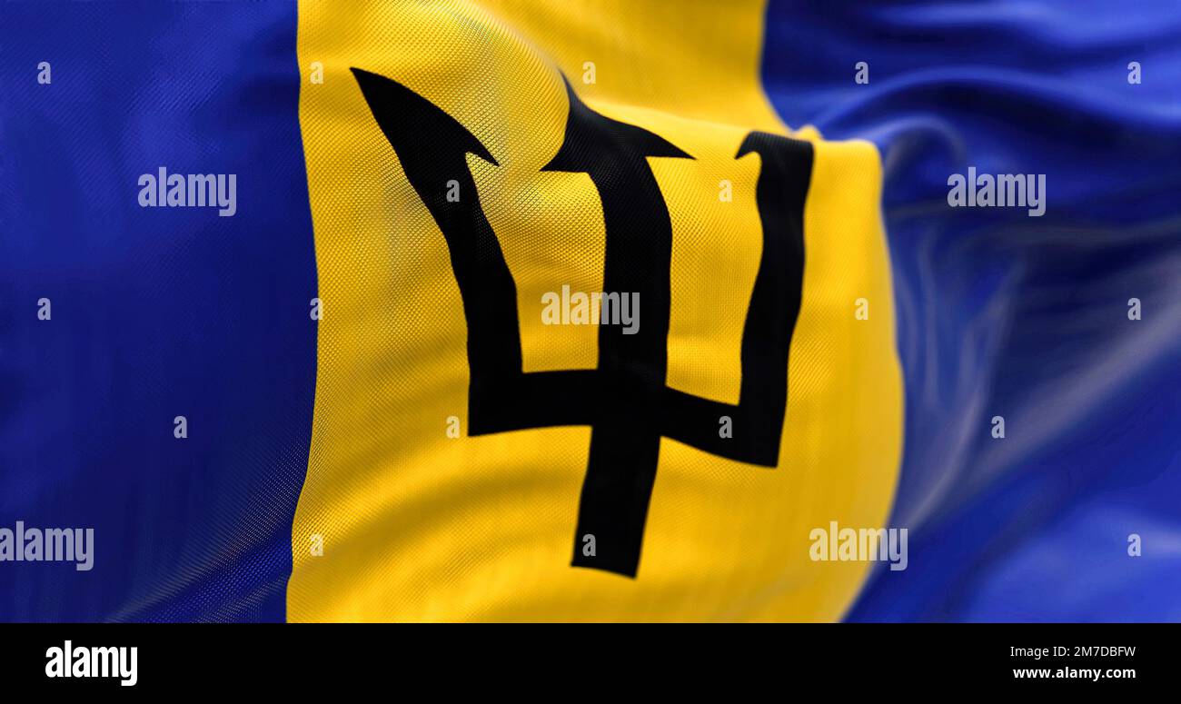 Barbados national flag waving.Blue and yellow flag with a black Triton