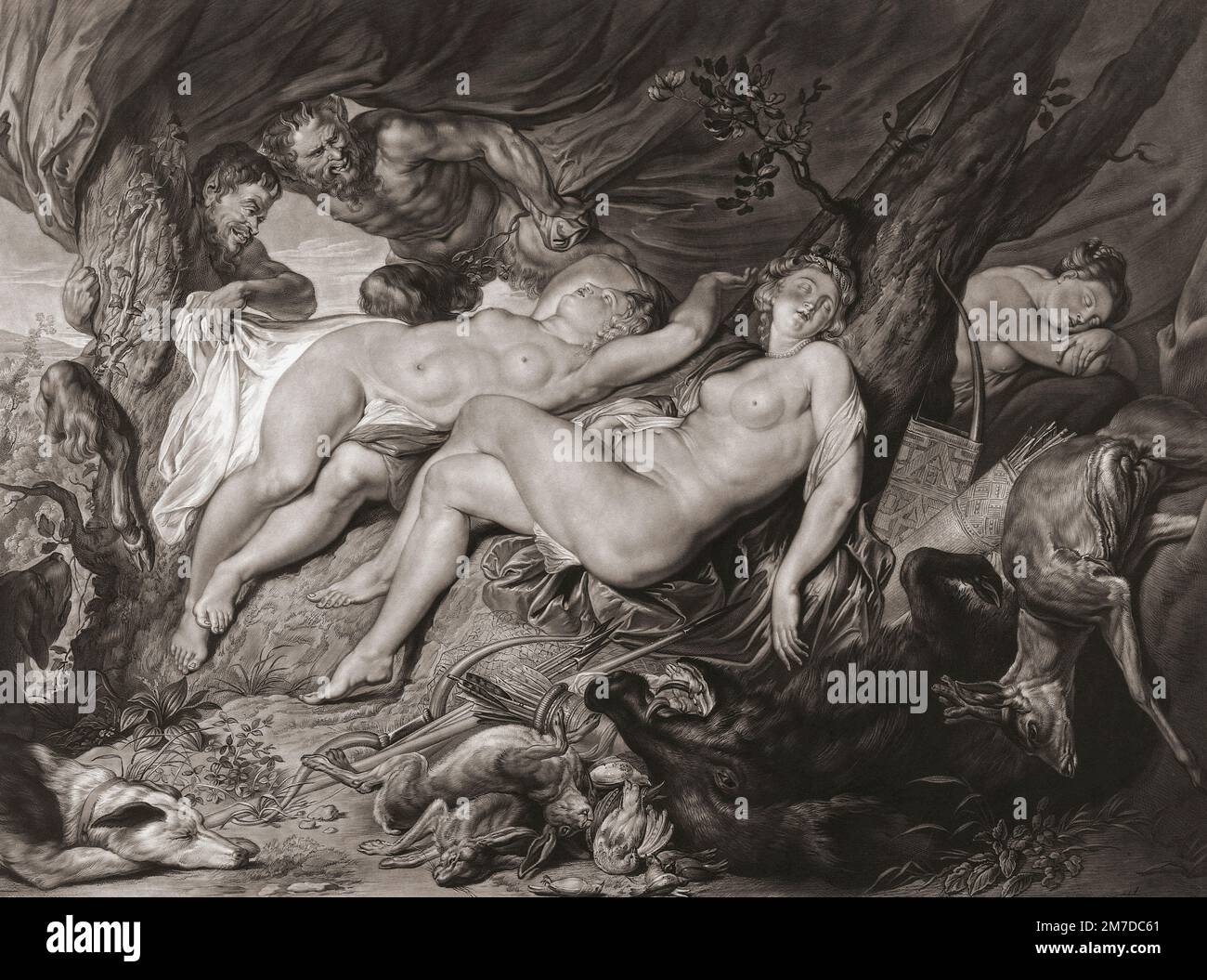 Sleeping Diana and her nymphs spied on by satyrs.  From a print by Richard Earlom after the painting by Peter Paul Rubens Stock Photo