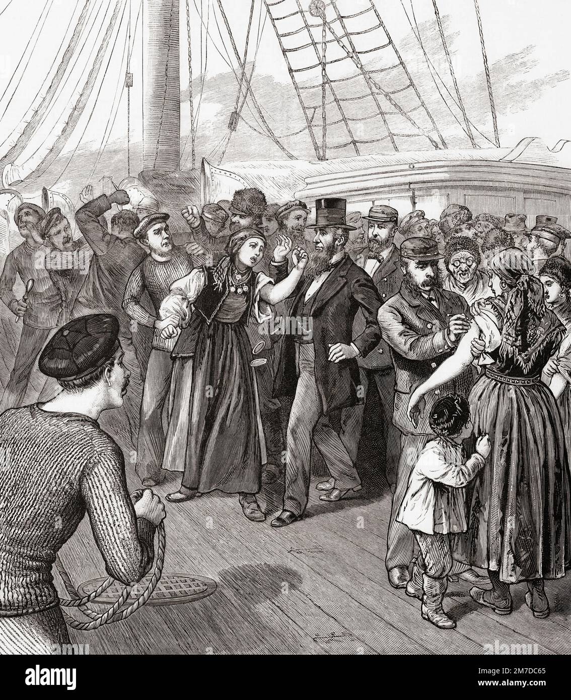 New York City health officers vaccinating Russian and Polish immigrants against smallpox at the quarantine station.  Some are objecting.  After an illustration in Frank Leslie's Illustrated Newspaper, December 26, 1885. Stock Photo
