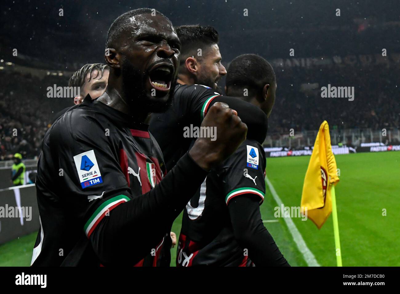 Fikayo Tomori of AC Milan celebrates after Pierre Kalulu (not pictured) scored the goal of 1-0 during the Serie A football match between AC Milan and Stock Photo