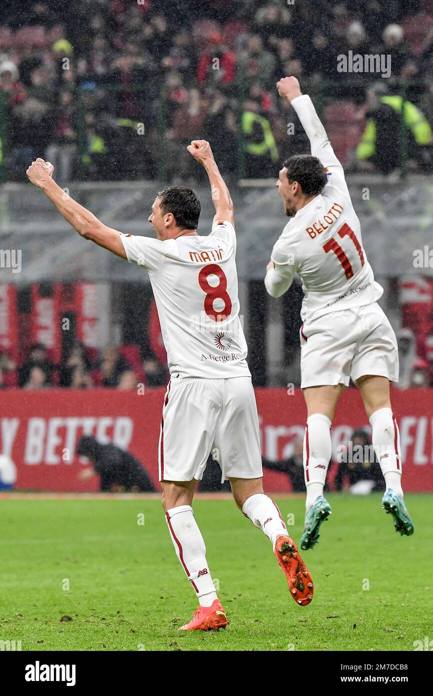 Nemanja Matic and Andrea Belotti of AS Roma celebrate after Tammy Abraham (not pictured), scored the goal of 2-2 during the Serie A football match bet Stock Photo