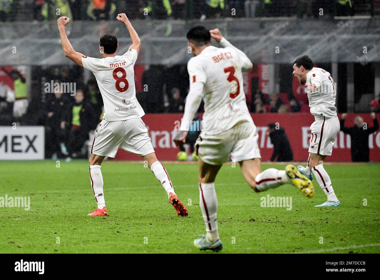Nemanja Matic, Roger Ibanez and Andrea Belotti of AS Roma celebrate after Tammy Abraham (not pictured), scored the goal of 2-2 during the Serie A foot Stock Photo