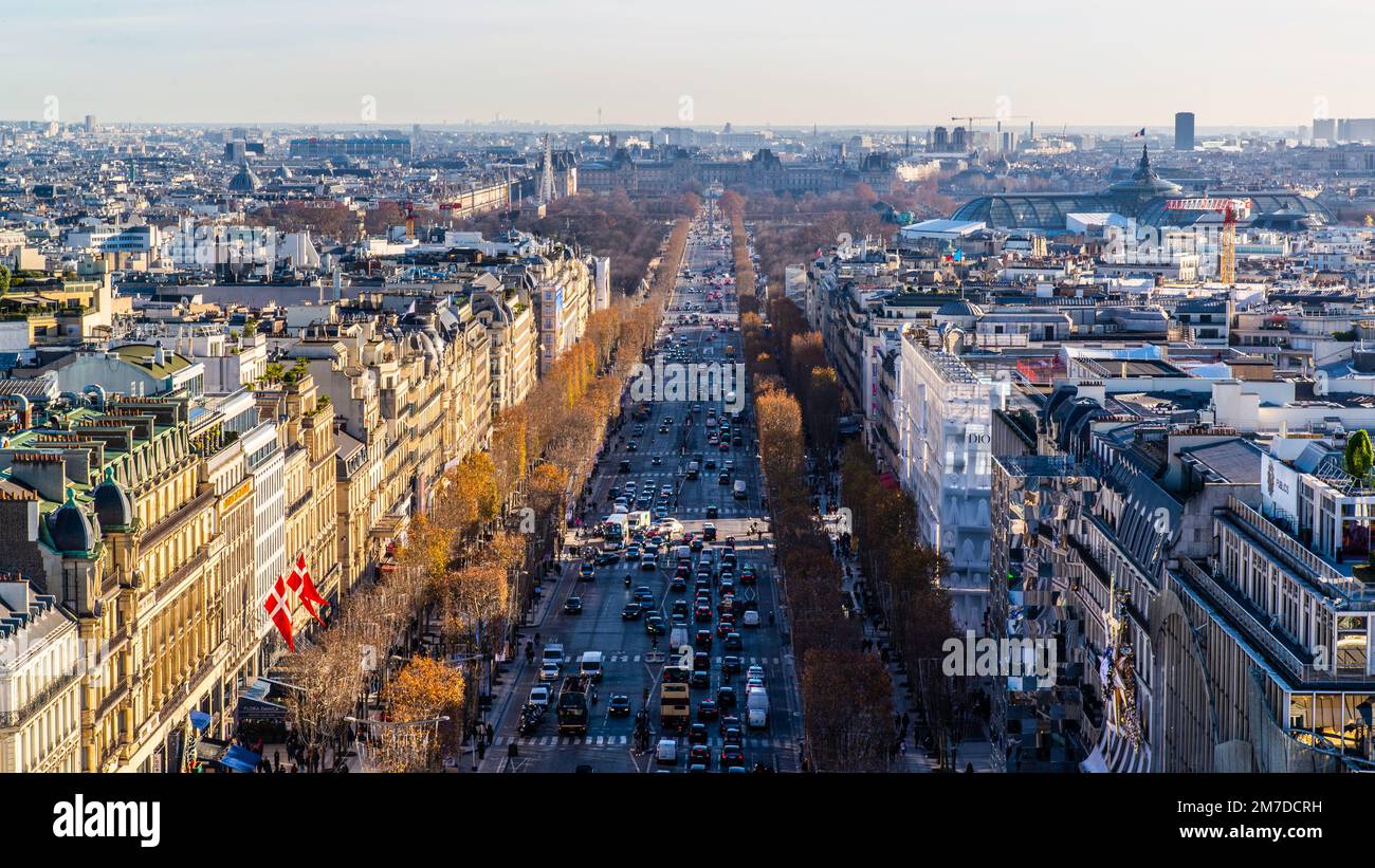 Paris, France - Dec. 28 2022: The Paris panorama view from the Arc de Triomph in Paris Stock Photo