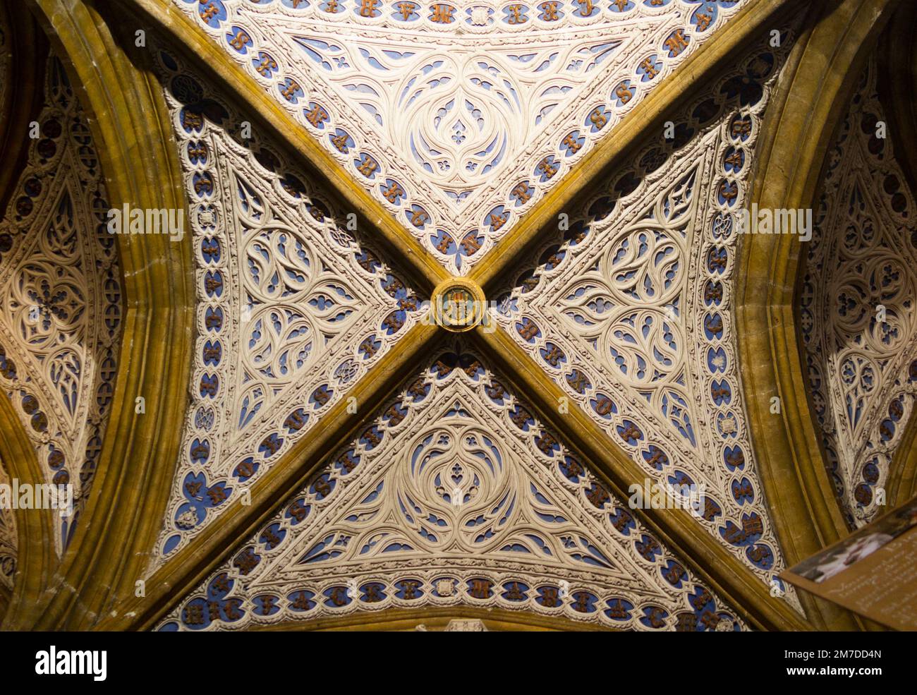 Vaulted and decorated ceiling just inside the main entrance of Abbey-church of Hautecombe Abbey, a former Cistercian monastery, later a Benedictine monastery, in Saint-Pierre-de-Curtille near Aix-les-Bains in Savoy / Savoie. France. (133) Stock Photo