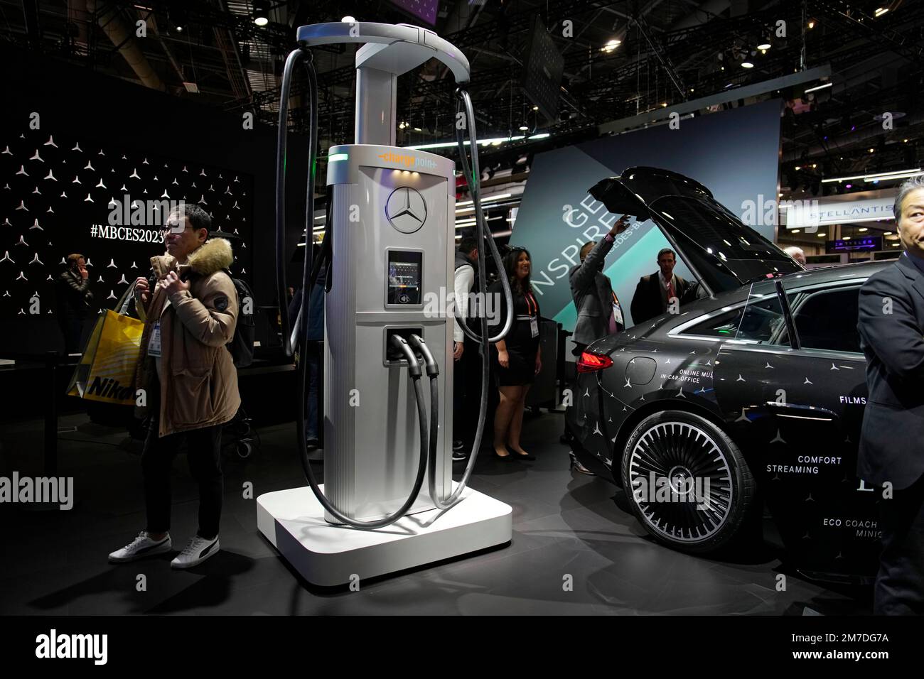 A ChargePoint electric vehicle charging hub is on display at the ...