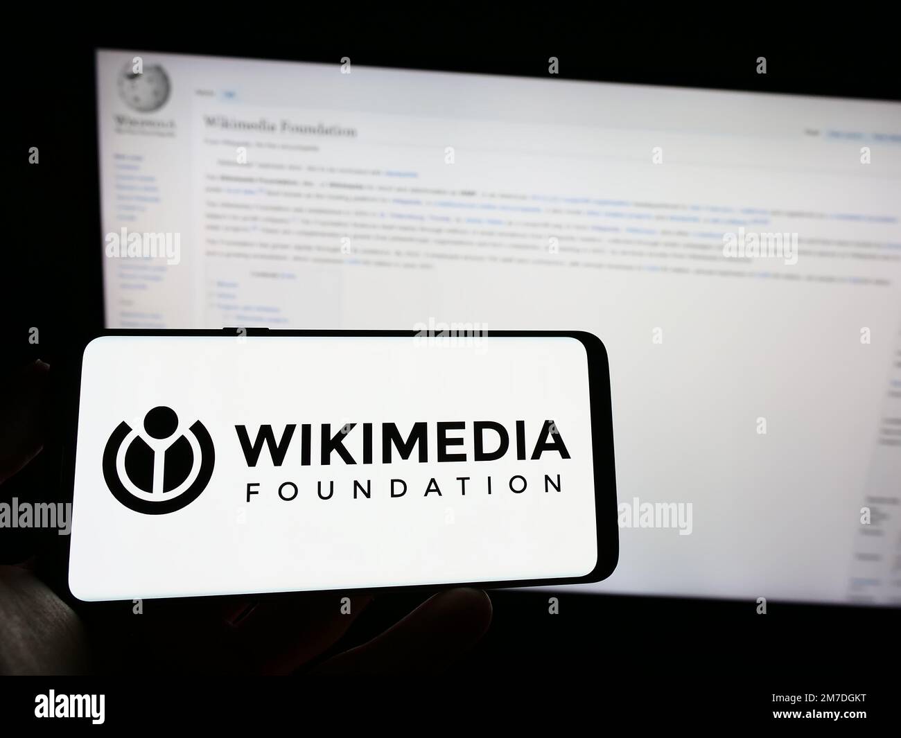 Person holding mobile phone with logo of Wikimedia Foundation Inc. on screen in front of Wikipedia web page. Focus on phone display. Stock Photo