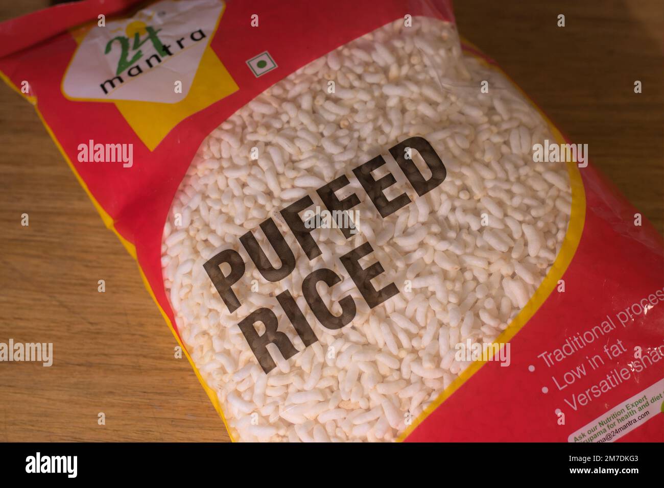 24 mantra Brand Organic Puffed rice in plastic packaging. Close up