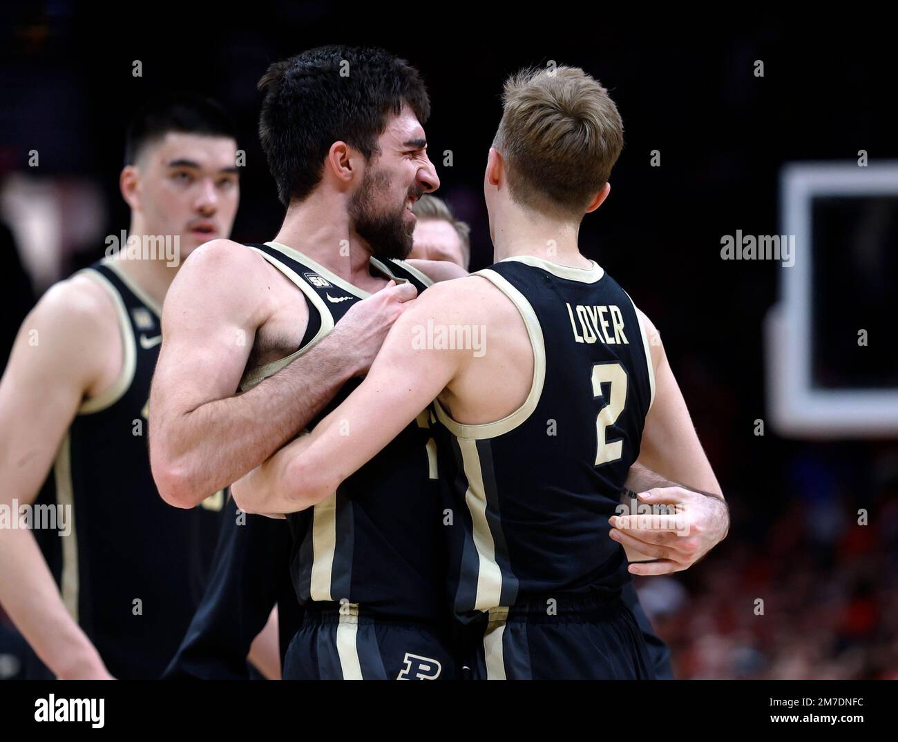 Purdue guard Ethan Morton, front left, celebrates with guard Fletcher