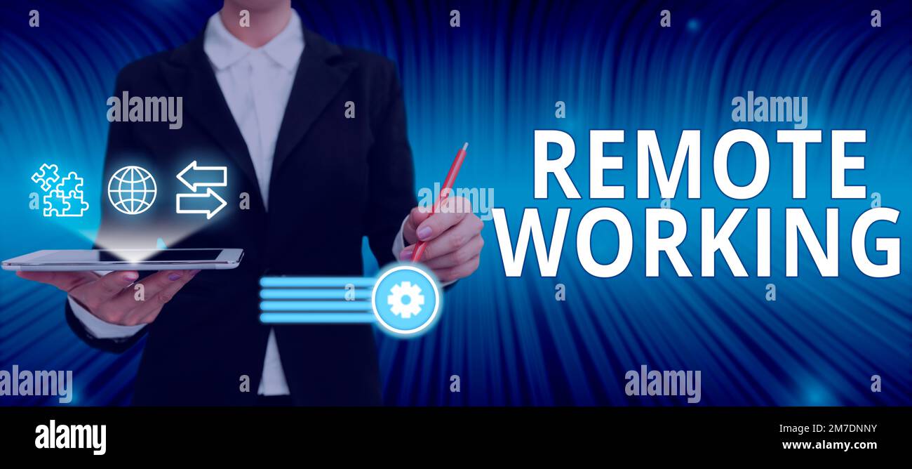 Hand writing sign Remote Working. Conceptual photo situation in which ...