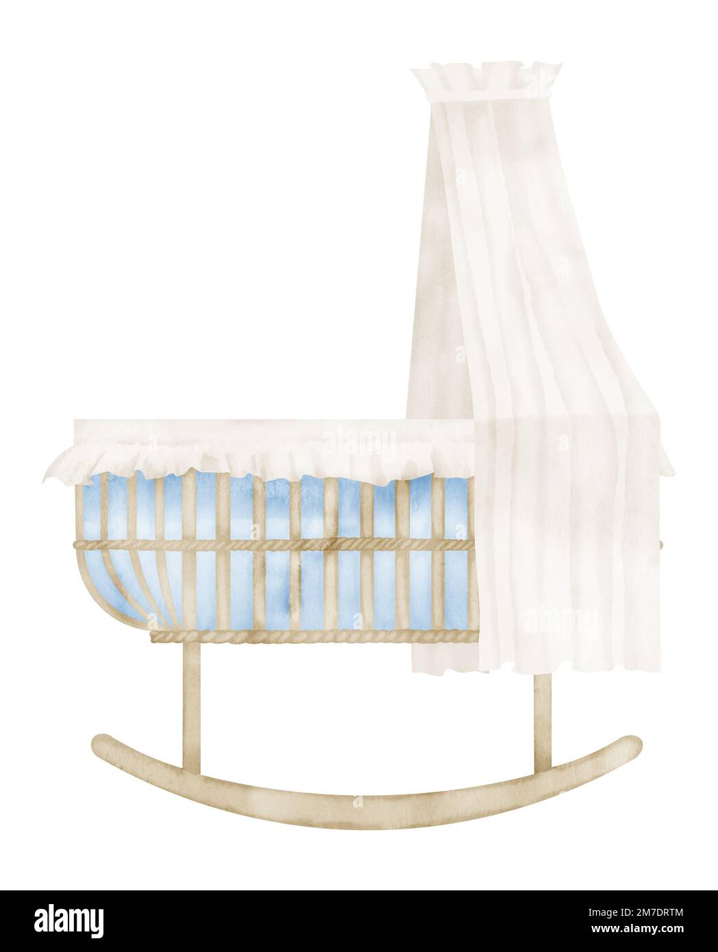 Baby Cradle. Hand drawn Watercolor illustration of Crib for Child. Drawing of bassinet for boy or girl in vintage retro style. Sketch on isolated background in pastel blue and beige colors. Stock Photo