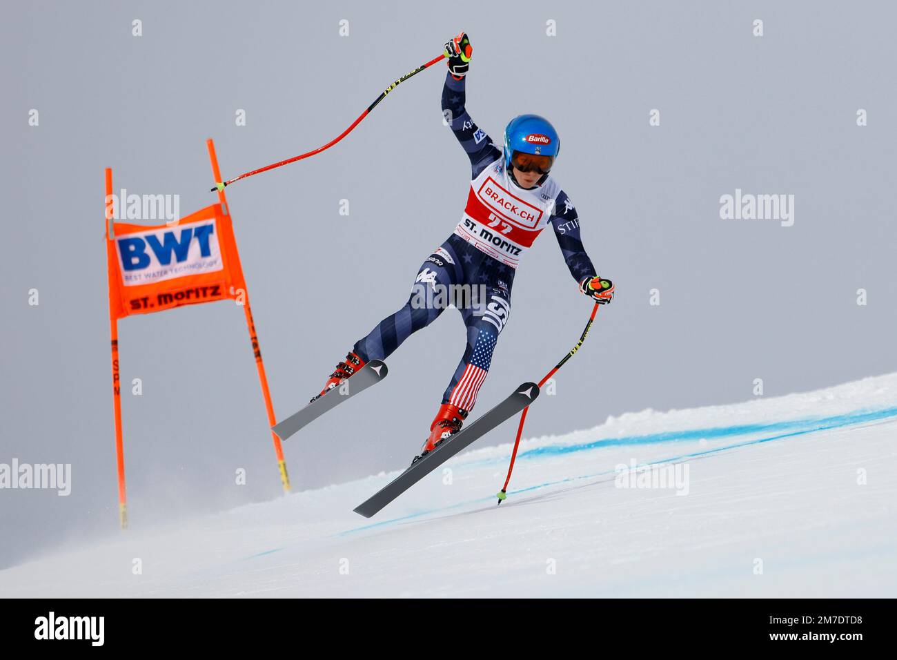 United States' Mikaela Shiffrin is airborne during an alpine ski, women