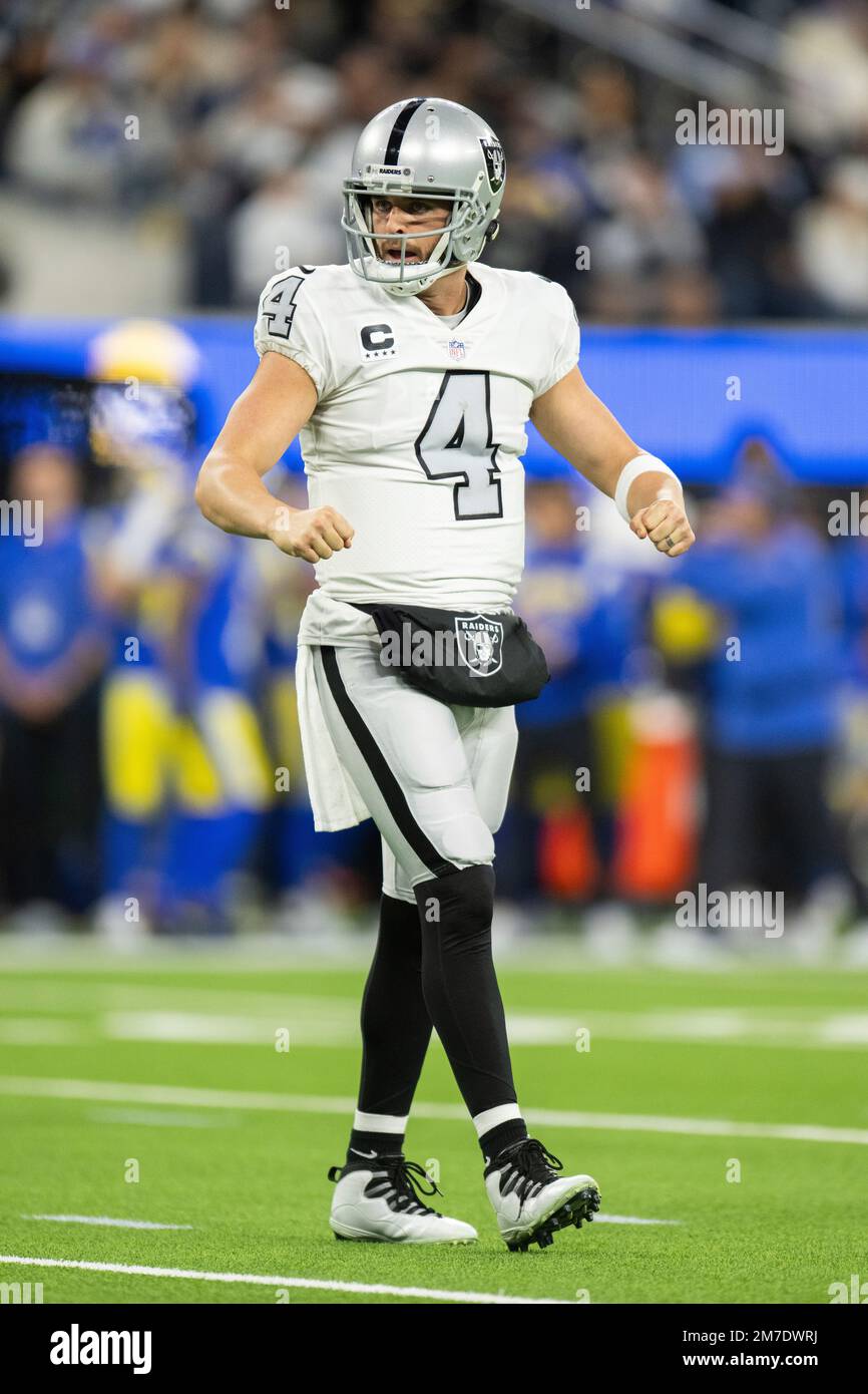 Las Vegas Raiders quarterback Derek Carr (4) reacts after the team