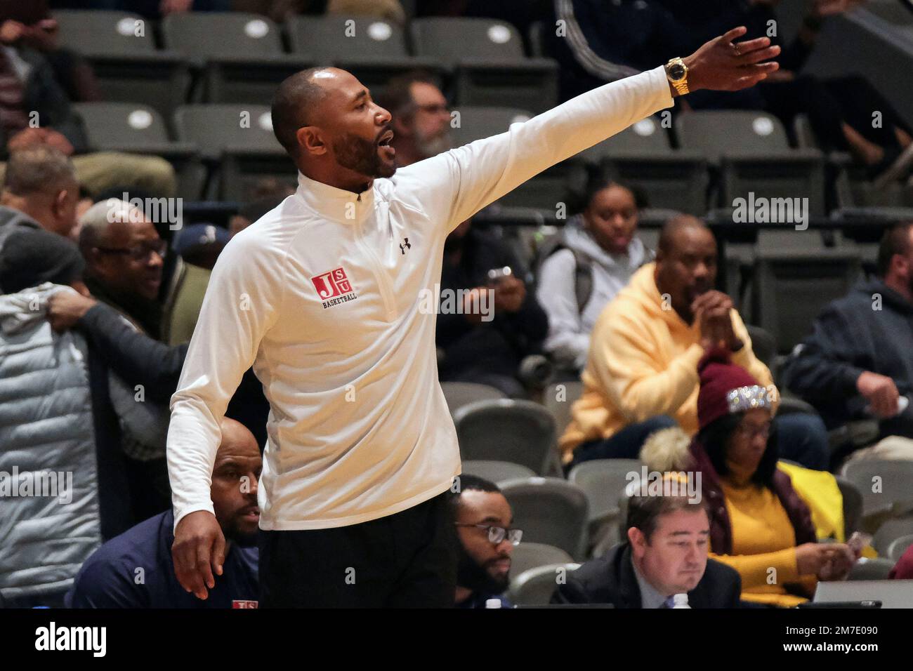 Jackson State head coach Mo Williams directs his team during the first half of an NCAA college