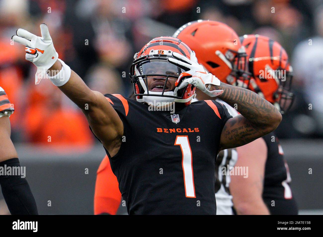 Cincinnati Bengals wide receiver Ja'Marr Chase (1) gestures for a first  down during an NFL football game against the Cleveland Browns, Tuesday,  Dec. 13, 2022, in Cincinnati. (AP Photo/Jeff Dean Stock Photo 