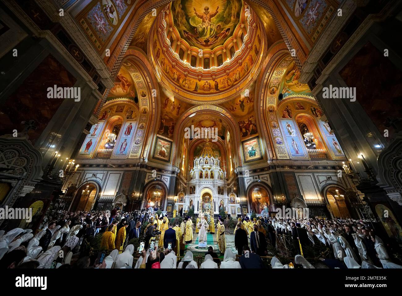 Russian Orthodox Patriarch Kirill, center, delivers the Christmas