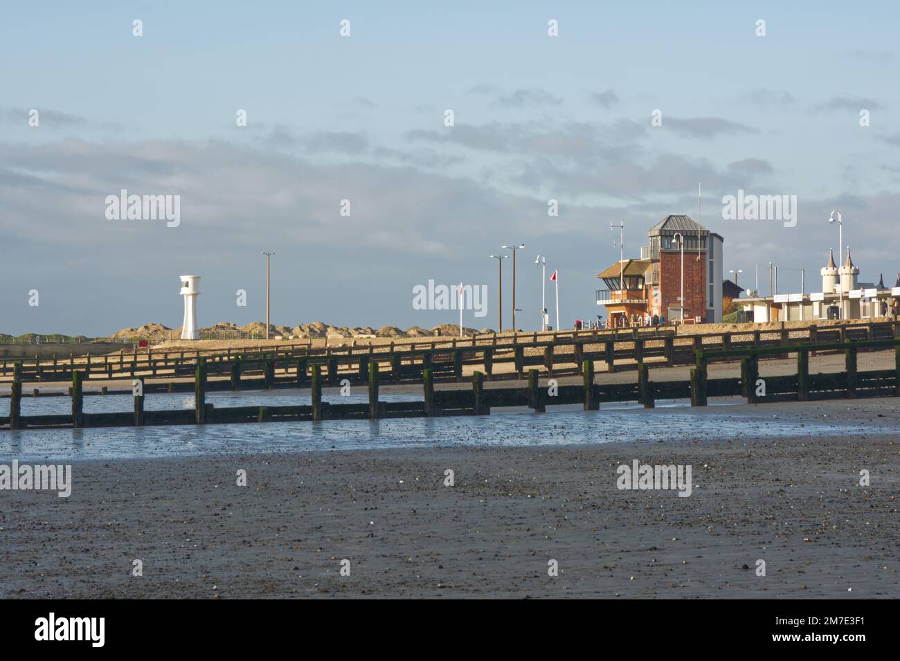 Seafront at Littlehampton in West Sussex, England. Viewed from beach at low tide. Stock Photo