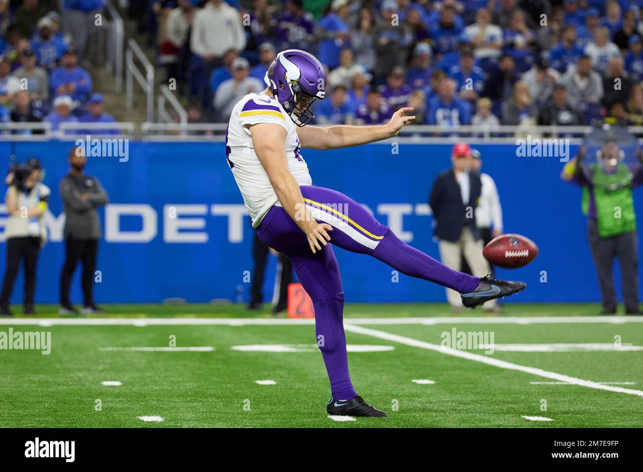 Minnesota Vikings punter Ryan Wright (14) celebrates after a play during an  NFL football game against the New Orleans Saints at Tottenham Hotspur  Stadium, Sunday, Oct. 2, 2022, in London. The Minnesota