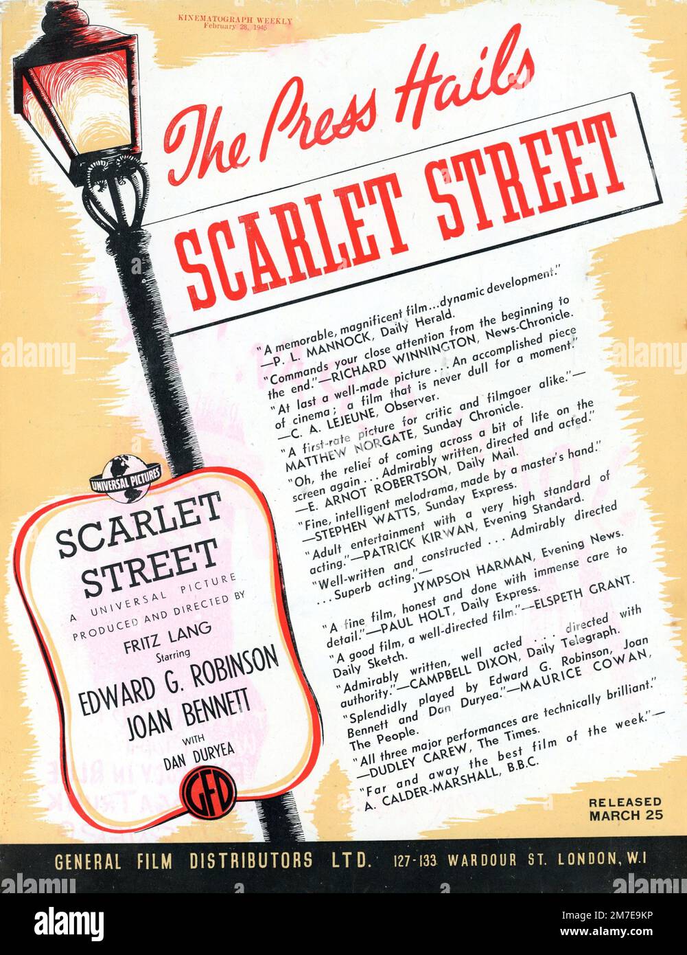 British Trade Ad for EDWARD G. ROBINSON JOAN BENNETT and DAN DURYEA in SCARLET STREET 1945 director FRITZ LANG screenplay Dudley Nichols music Hans J. Salter Fritz Lang Productions / Diana Production Company / Universal Pictures Stock Photo