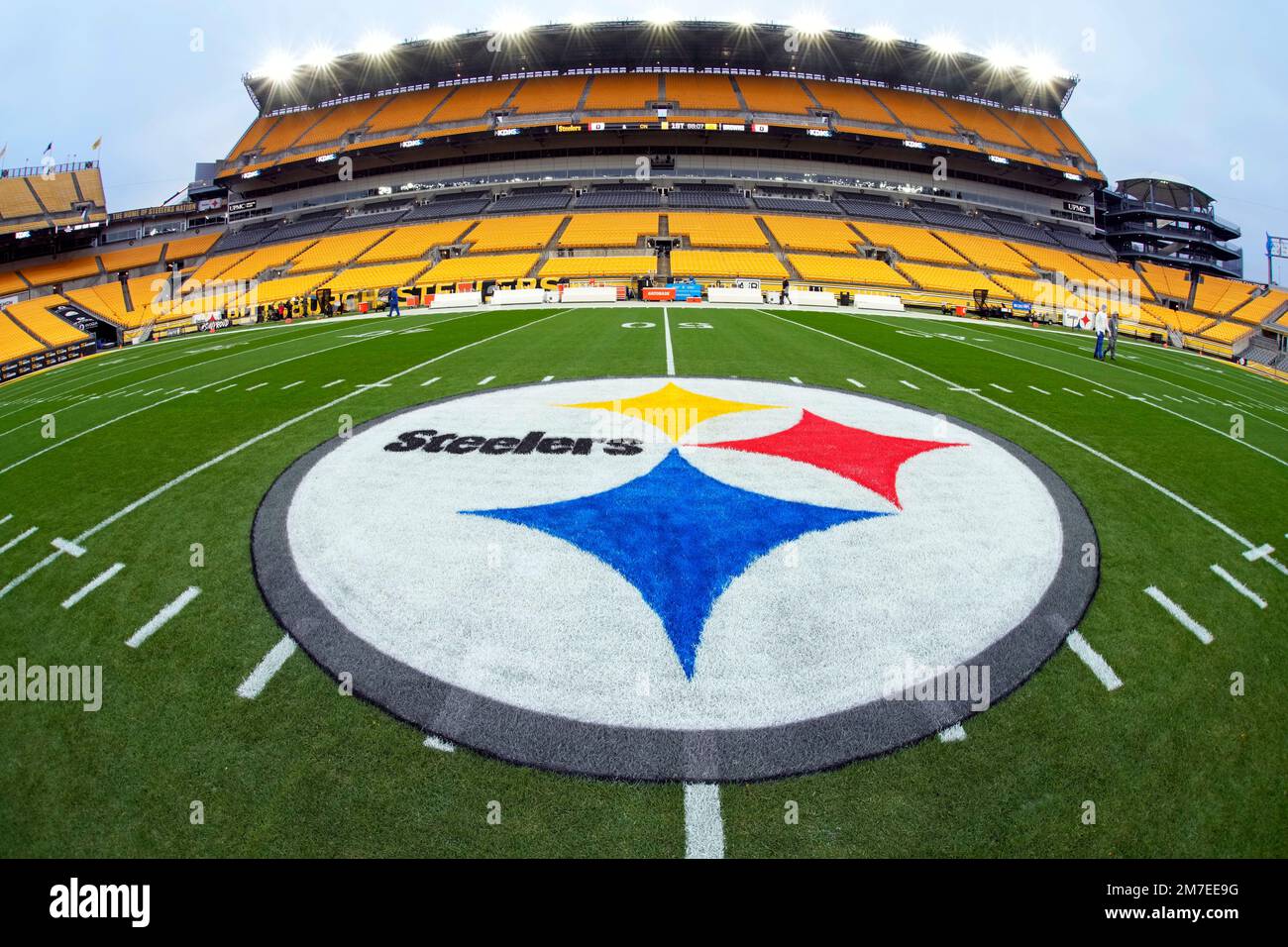 This is the Pittsburgh Steelers logo at the 50 yard-line of Acrisure Stadium  before an NFL football game between the Pittsburgh Steelers and the  Cleveland Browns in Pittsburgh, Sunday, Jan. 8, 2023. (