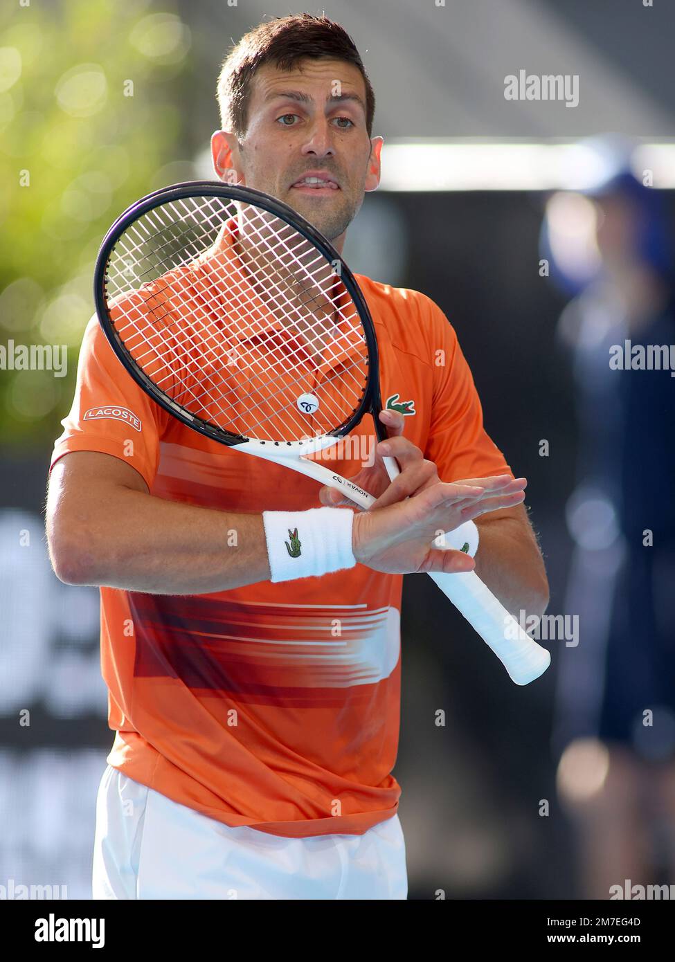 Serbias Novak Djokovic reacts to losing a point to USAs Sebastian Korda during the final of the Adelaide International tennis tournament in Adelaide, Australia, Sunday, Jan