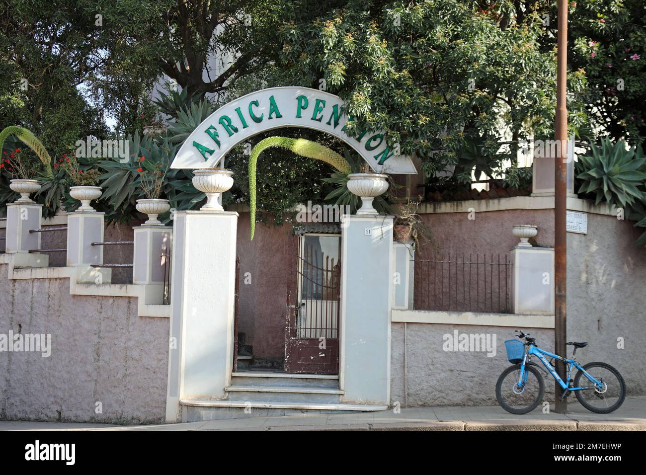 Entrance to the Africa Pension in Asmara Stock Photo