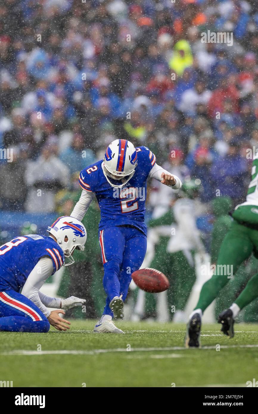 Buffalo Bills kicker Tyler Bass (2) kicks a field goal against the New York  Jets in