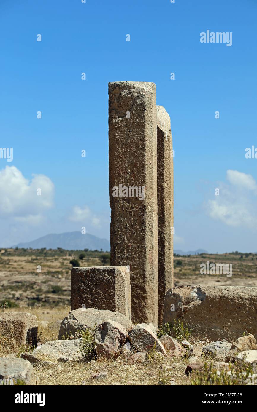 Ancient stones pillars at the Temple of Mariam Wakino in Eritrea Stock Photo