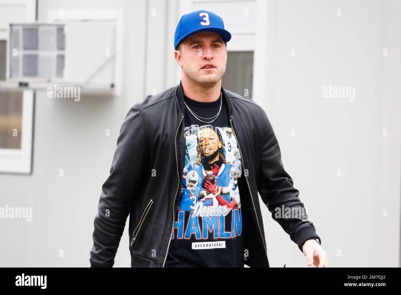 Buffalo Bills punter Sam Martin arrives wearing the number 3 in support of  safety Damar Hamlin before an NFL football game against the New England  Patriots, Sunday, Jan. 8, 2023, in Orchard