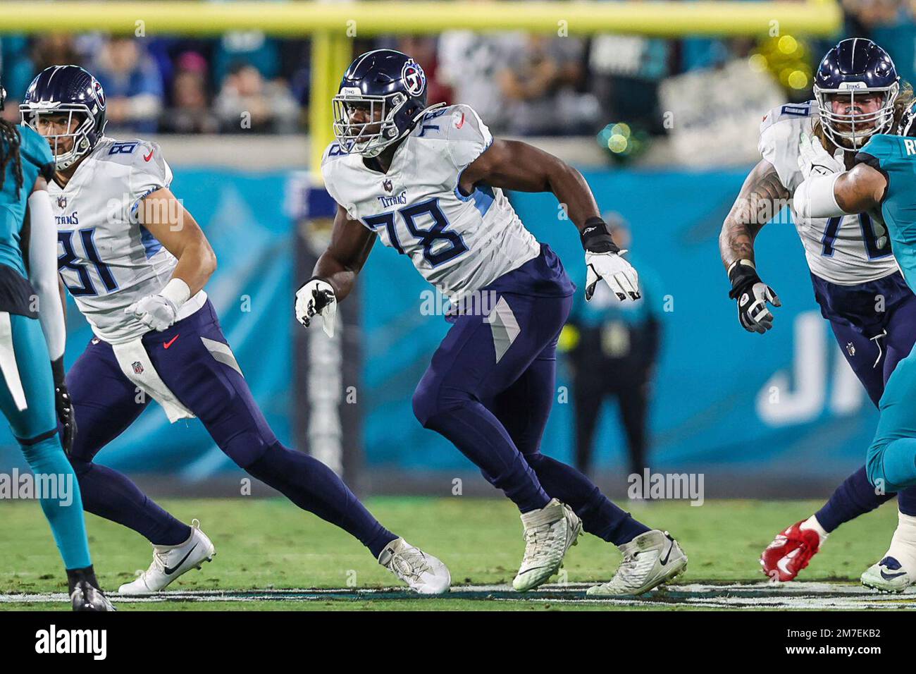 Tennessee Titans offensive tackle Nicholas Petit-Frere (78) in action  during an NFL football game against the Jacksonville Jaguars, Saturday,  Jan. 7, 2023, in Jacksonville, Fla. The Jaguars defeated the Titans 20-16.  (AP