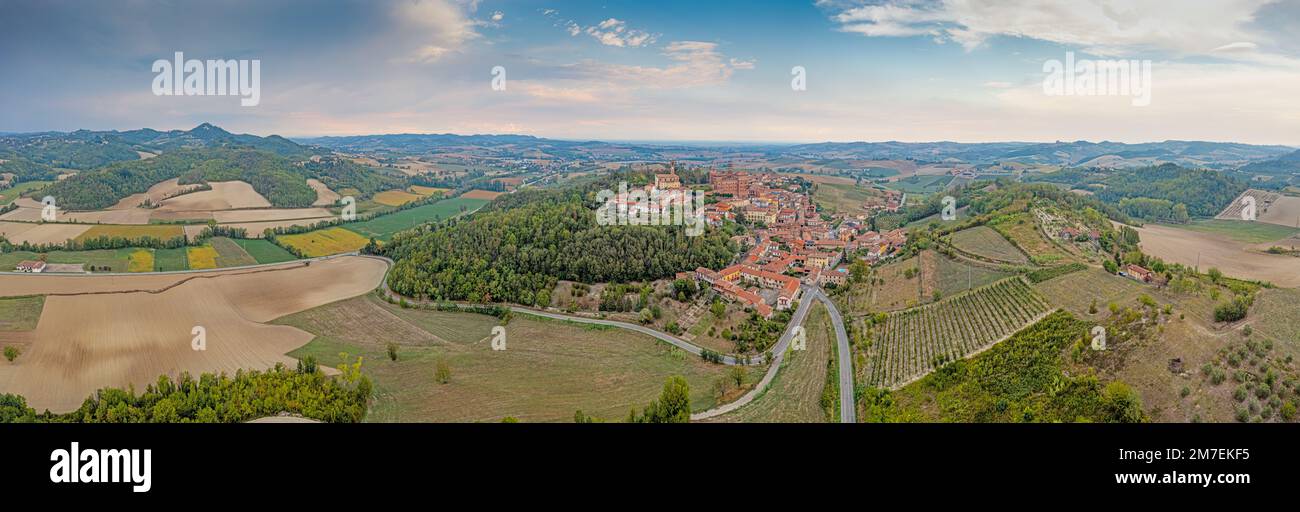 Panoramic drone picture of Castello Cereseto in Piedmont in the evening in summer Stock Photo