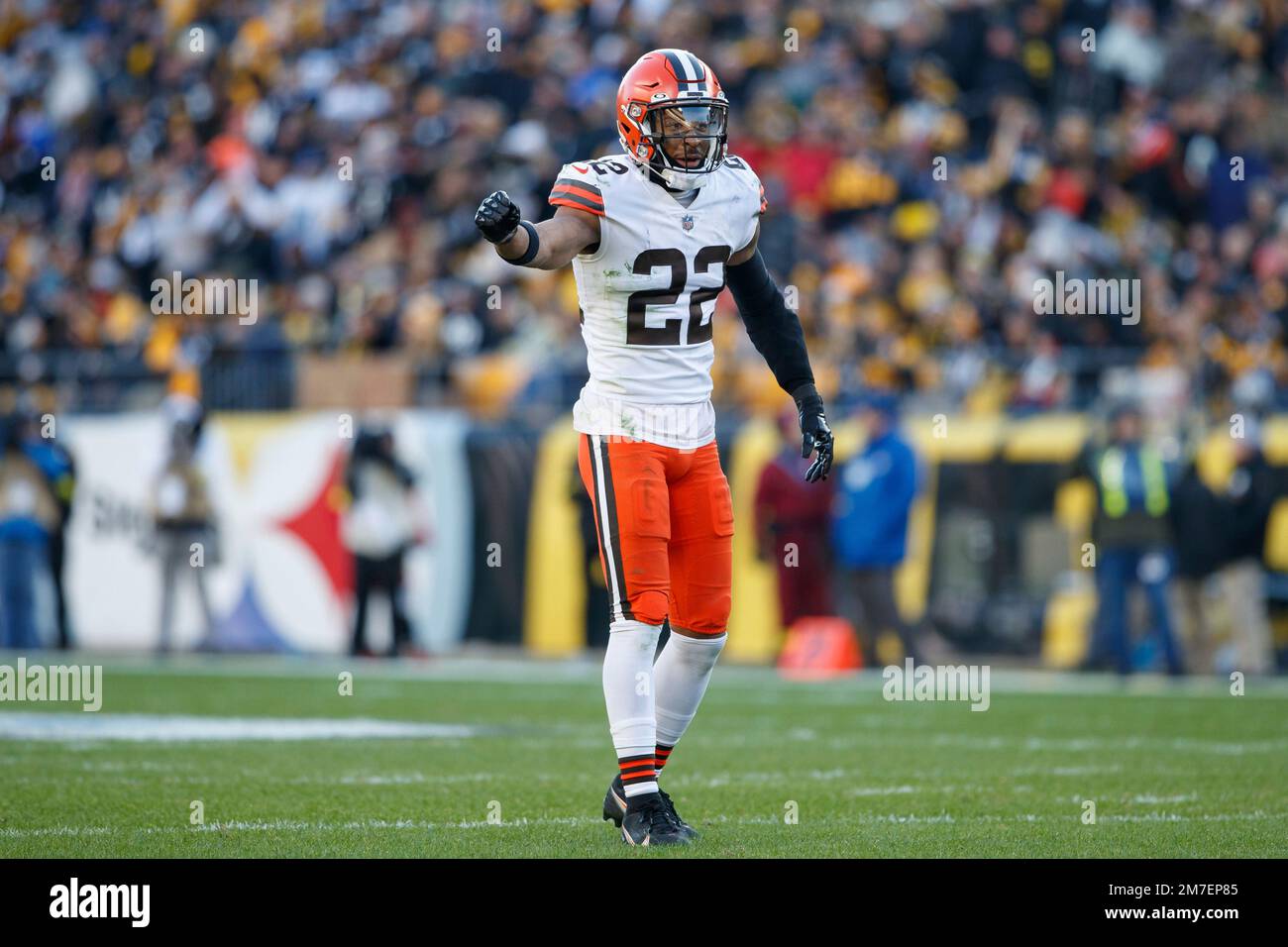 PITTSBURGH, PA - JANUARY 03: Cleveland Browns safety Grant Delpit (22) is  helped off the field after being injured during the game against the  Cleveland Browns and the Pittsburgh Steelers on January