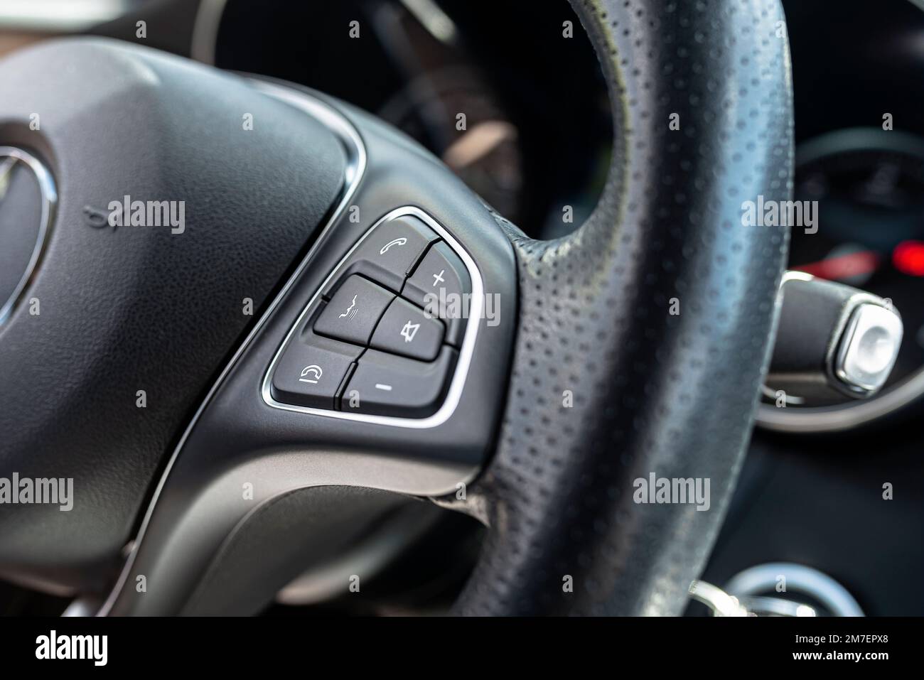 Leather multifunction steering wheel in a luxury car, visible call and
