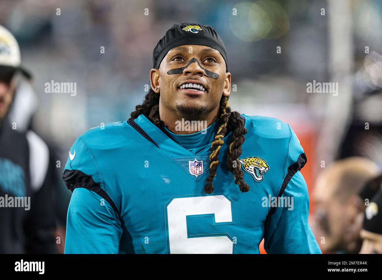 Jacksonville Jaguars cornerback Chris Claybrooks (6) looks up at a video  screen during an NFL football game against the Tennessee Titans, Saturday,  Jan. 7, 2023, in Jacksonville, Fla. The Jaguars defeated the