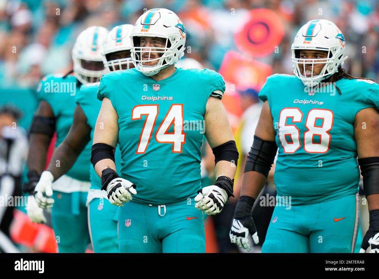 Miami Dolphins offensive tackle Liam Eichenberg (74) walks on the field  during the second half of an NFL football game against the New York Jets,  Sunday, Jan. 8, 2023, in Miami Gardens