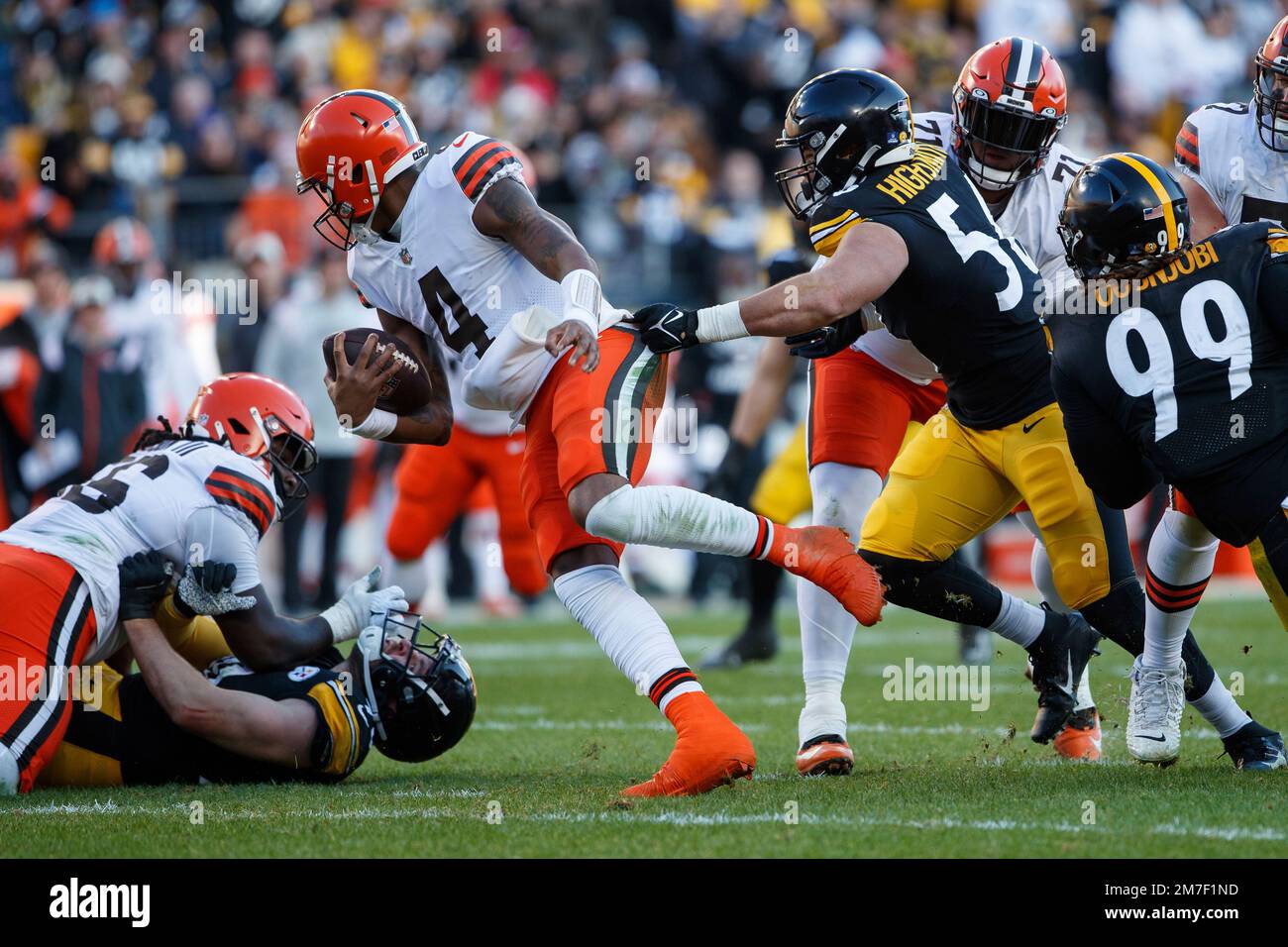 Cleveland Browns Quarterback Deshaun Watson (4) Is Sacked By Pittsburgh ...