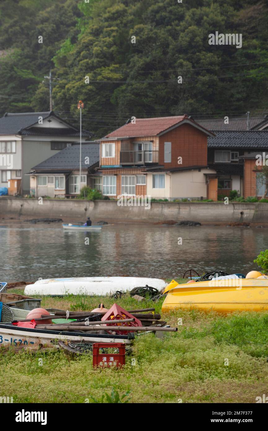 Houses along the waterfront at Yanami, Noto Peninsula, Japan Stock