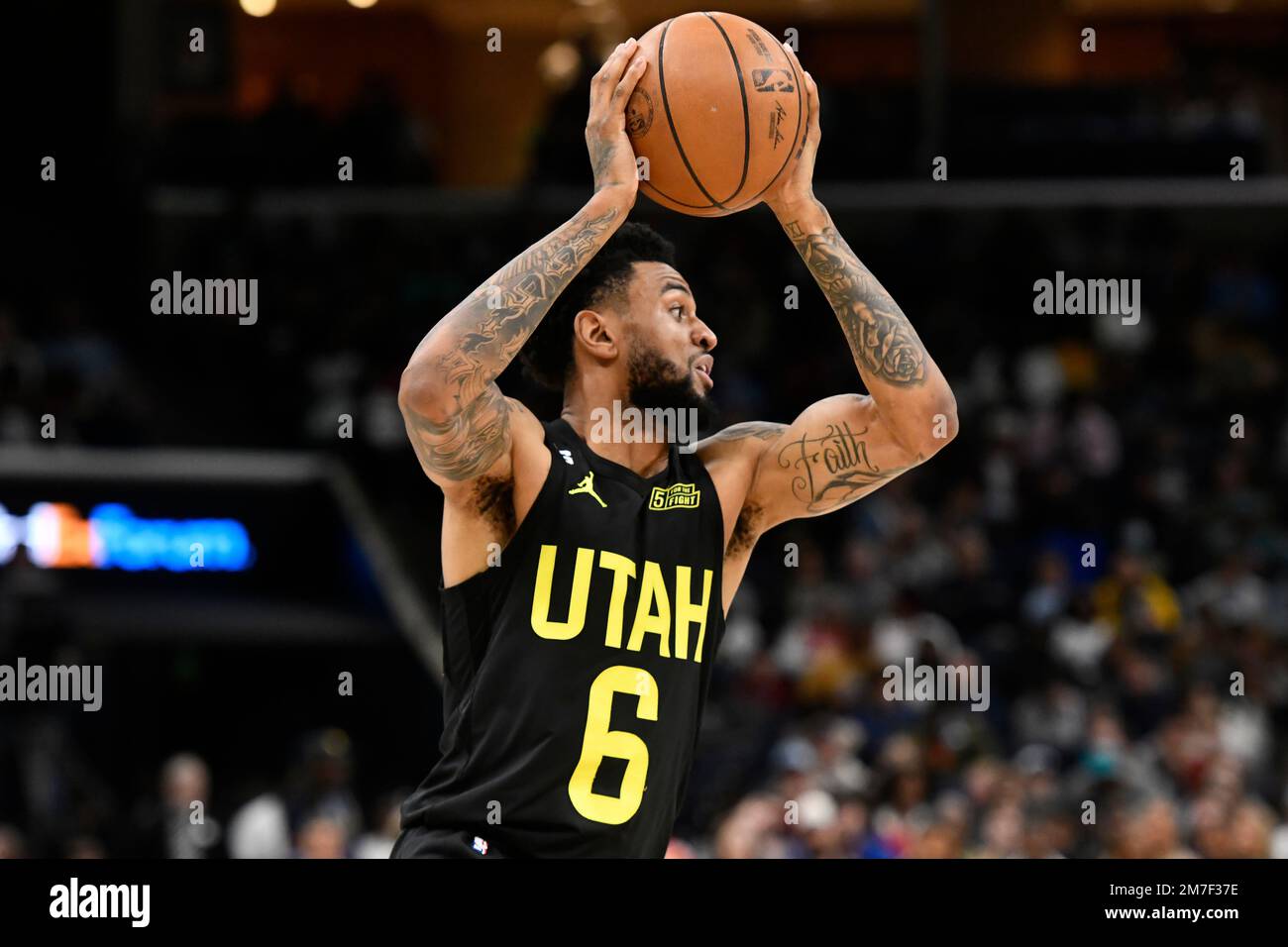 Utah Jazz guard Nickeil Alexander-Walker (6) brings the ball up court  during the second half of an NBA basketball game against the Minnesota  Timberwolves Friday, Dec. 9, 2022, in Salt Lake City. (