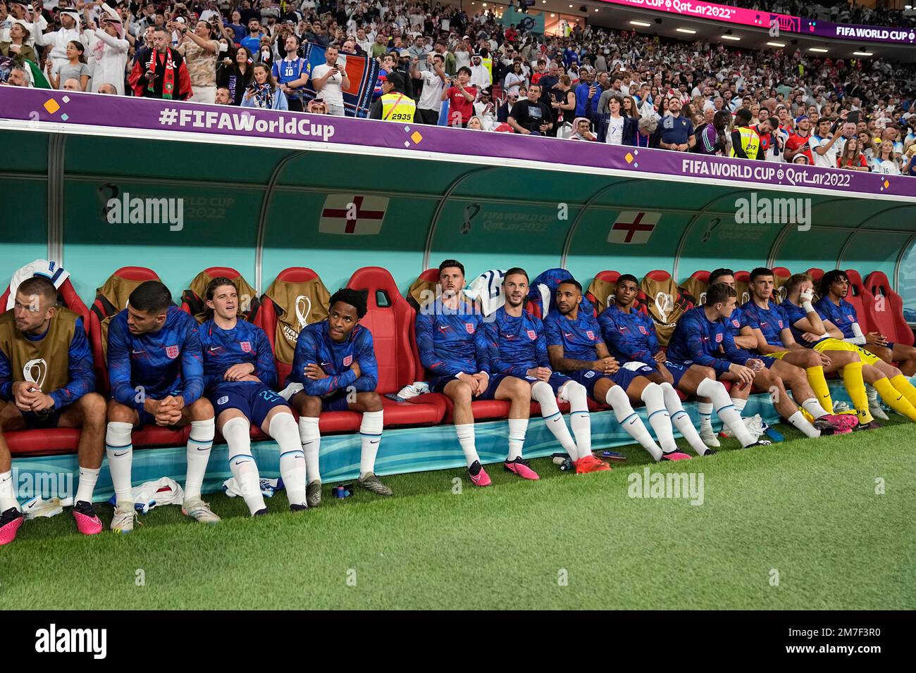England players sit on the bench prior to the World Cup quarterfinal ...