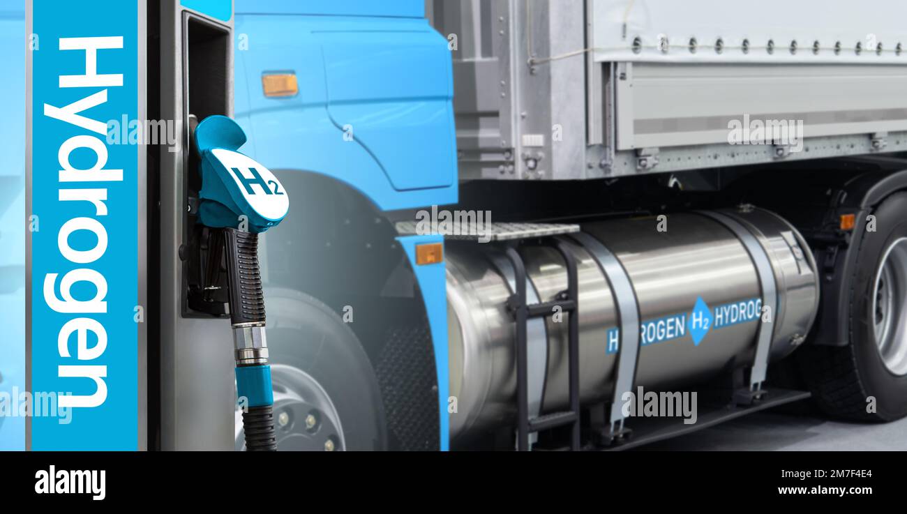 Hydrogen filling station on a background of fuel cell semi truck Stock Photo