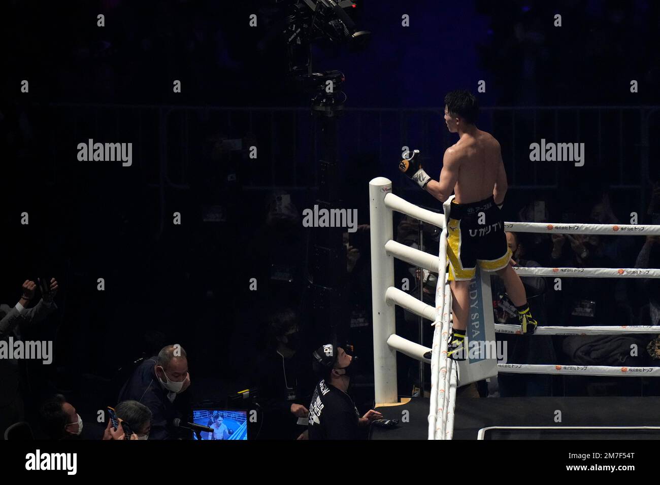 Naoya Inoue of Japan celebrates after beating Paul Butler of Britain during their bantamweight title unification boxing match of WBA, WBC, IBF, and WBO in Tokyo, Japan, Tuesday, Dec. 13, 2022.(AP Photo/Shuji Kajiyama) Stock Photo