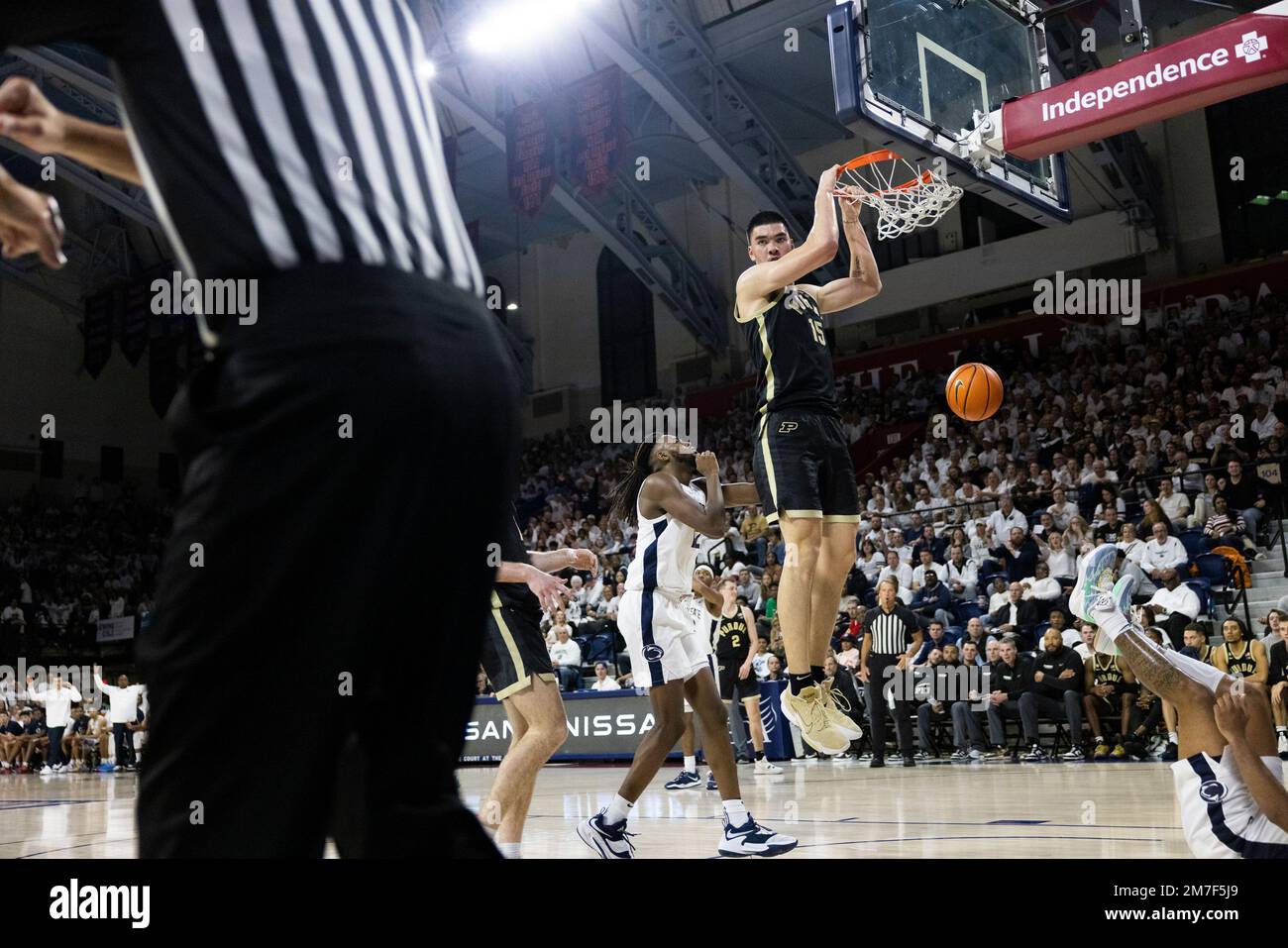 Purdue center Zach Edey looks at the referee as he is called for a