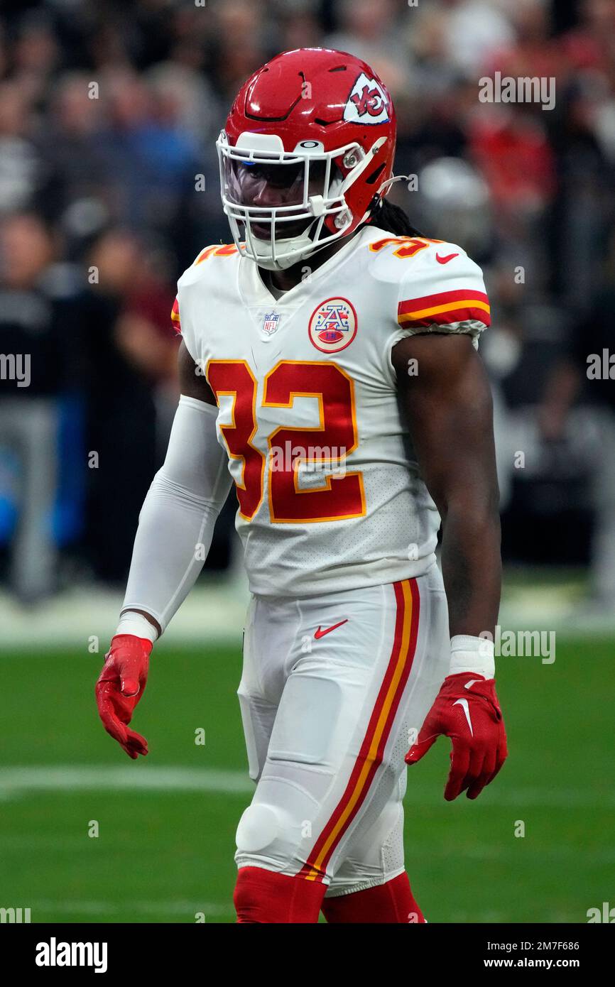 Kansas City Chiefs safety Ugo Amadi (32) lines up against the Las Vegas ...