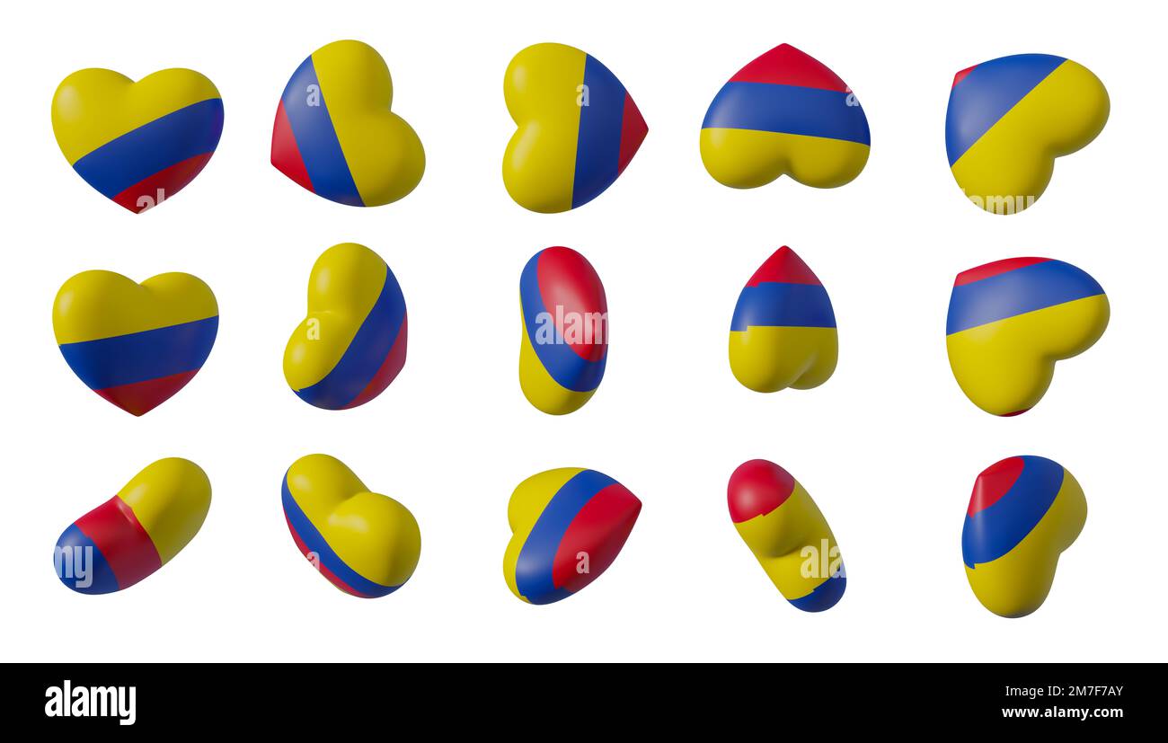 Hearts with flag of Colombia, Collection with 15 different types Hearts flag color Colombia, Heart for Valentines. 3d work and 3d render Stock Photo