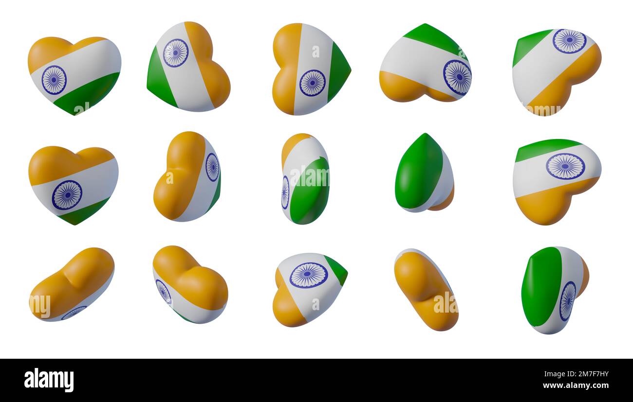 Hearts with flag of India, Collection with 15 different types Hearts flag color India, Heart for Valentines. 3d work and 3d render Stock Photo