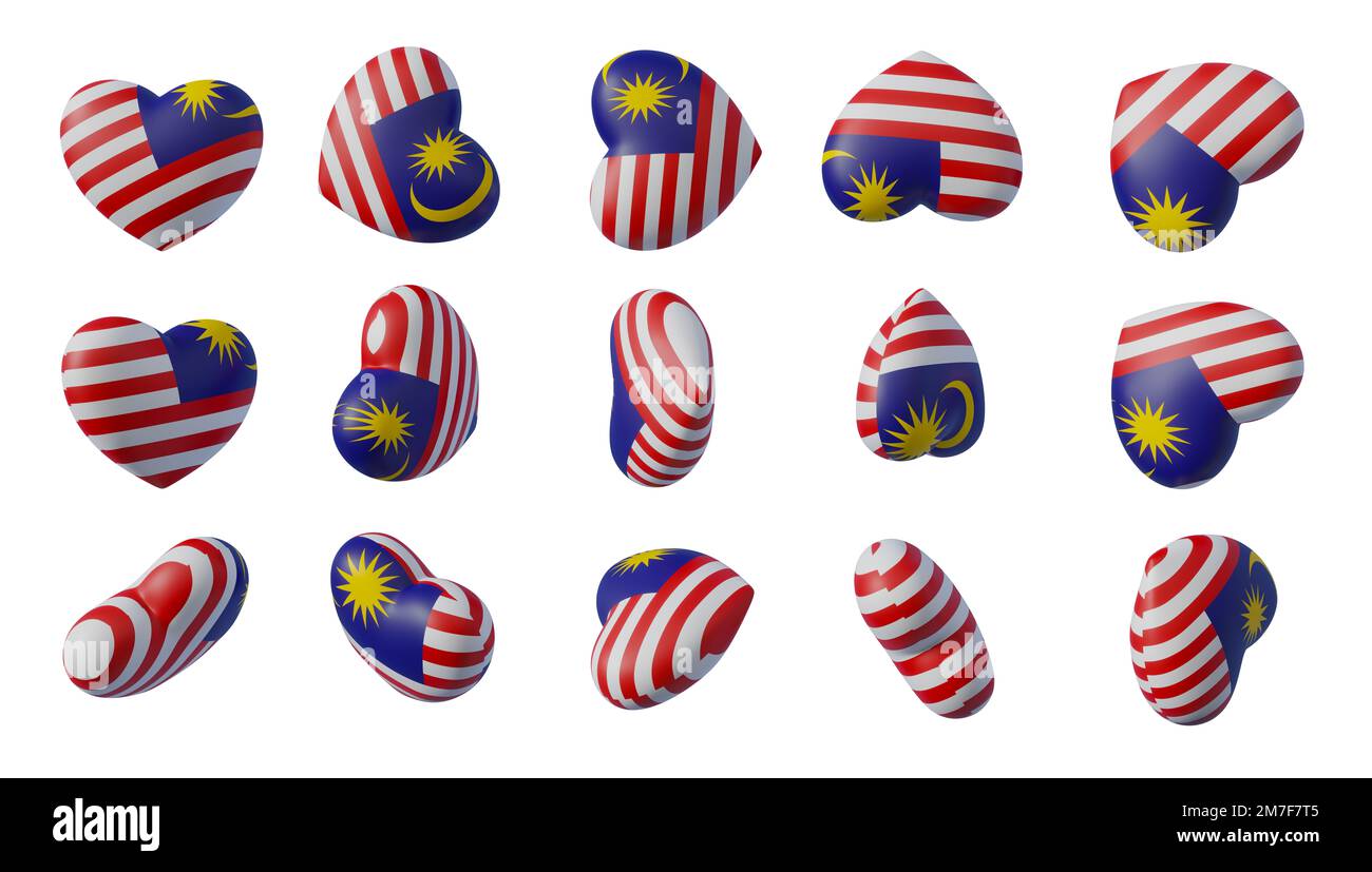 Hearts with flag of Malaysia, Collection with 15 different types Hearts flag color Malaysia, Heart for Valentines. 3d work and 3d render Stock Photo