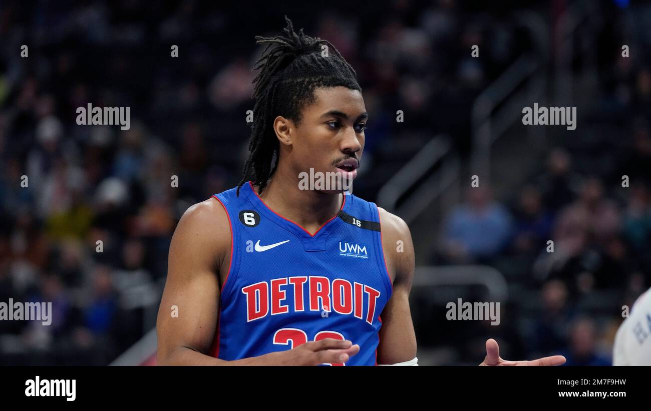 Detroit Pistons guard Jaden Ivey plays during the first half of an NBA basketball game, Sunday