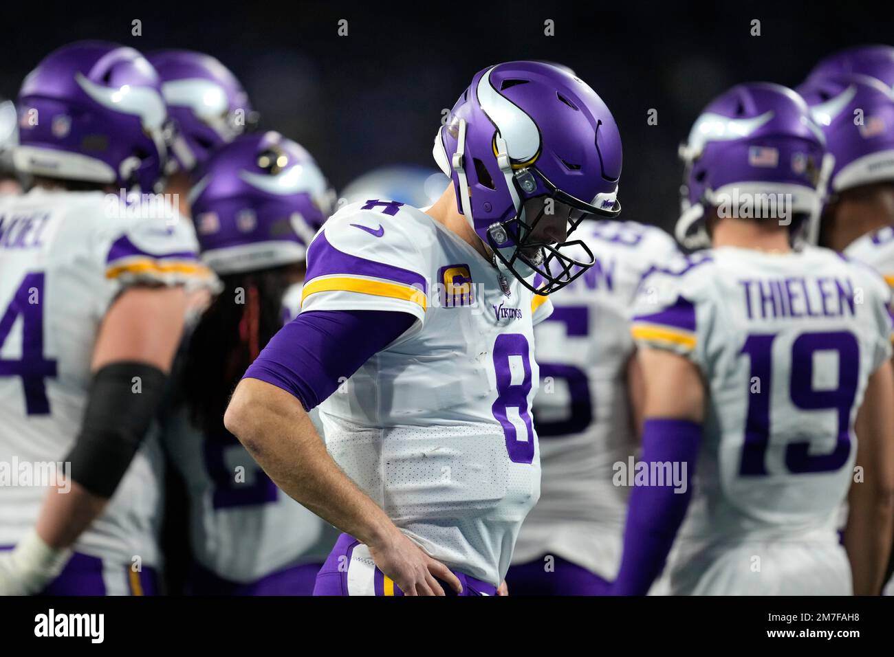 Minnesota Vikings quarterback Kirk Cousins (8) waits for a play against