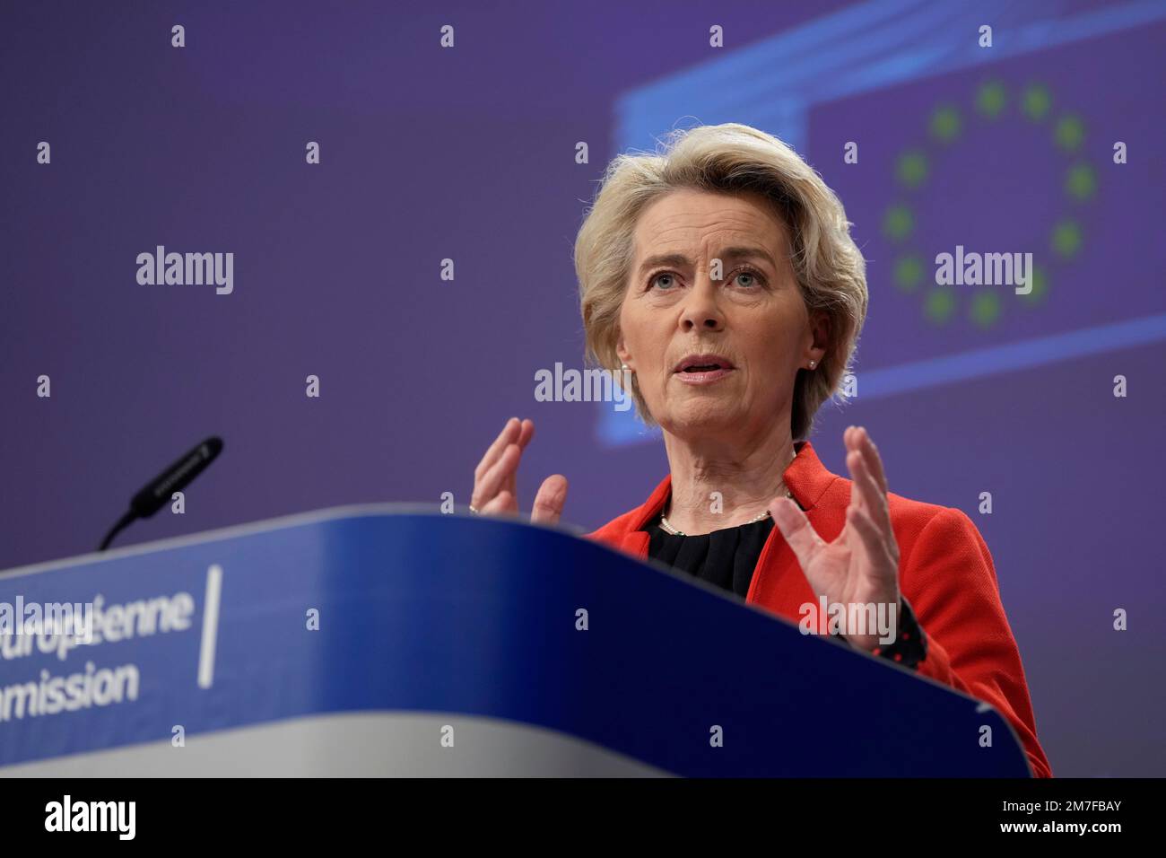 European Commission President Ursula von der Leyen speaks during a ...