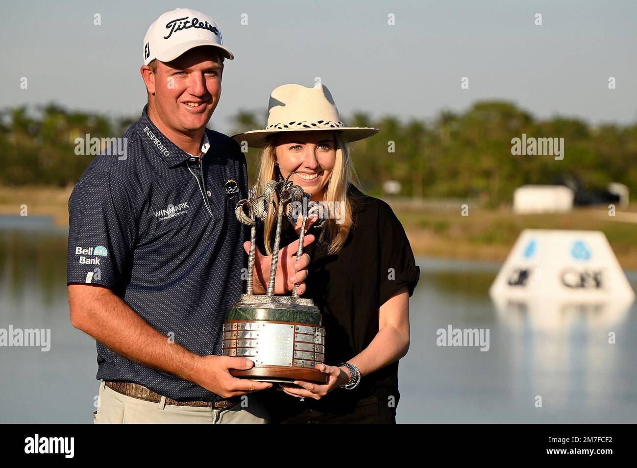 Tom Hoge and his wife Kelly Hoge after winning the final round of the PGA QBE Shootout golf tournament at Tiburon Golf Club, Sunday, Dec.11, 2022, in Naples, Fla