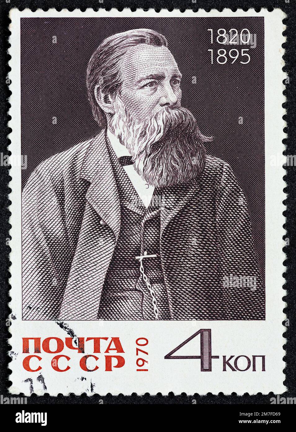 USSR - CIRCA 1970: Postage stamp 40 kopeck printed in the Soviet Union shows Portrait of Friedrich Engels. Post stamp series devoted to 150th Birth an Stock Photo
